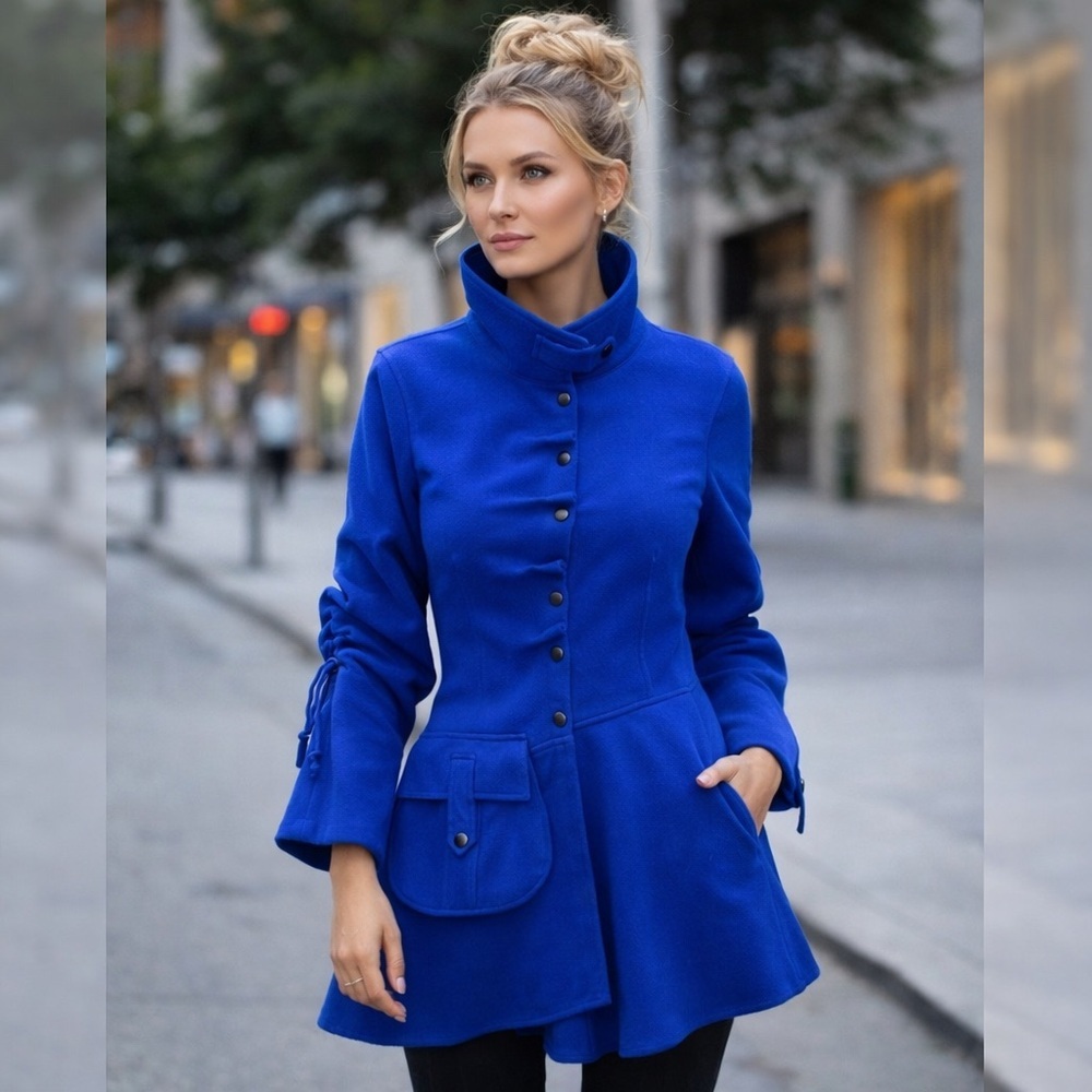 Royal Blue Fit and Flare Coat Size M Structured Button Front Statement Jacket